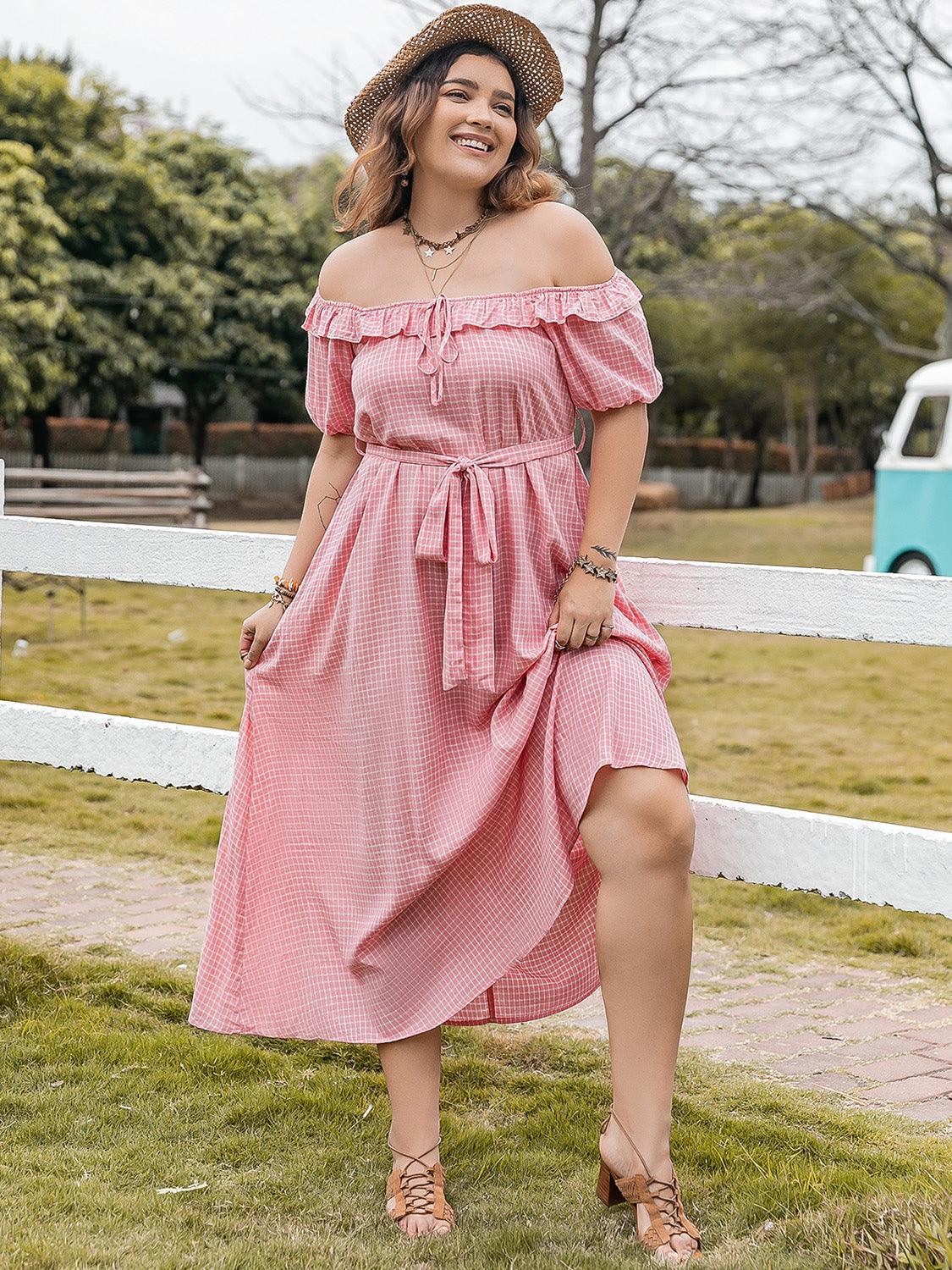 Plus Size Plaid Off-Shoulder Short Sleeve Midi Dress - ClubOn
