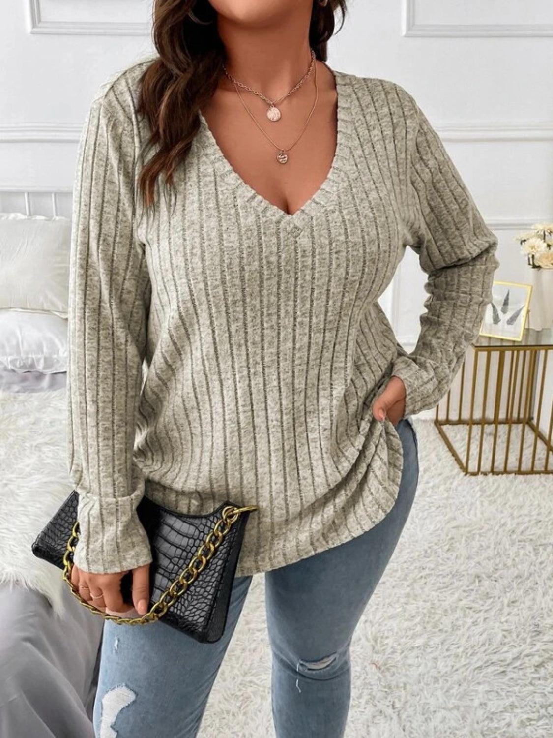 Plus Size V-Neck Long Sleeve T-Shirt - ClubOn