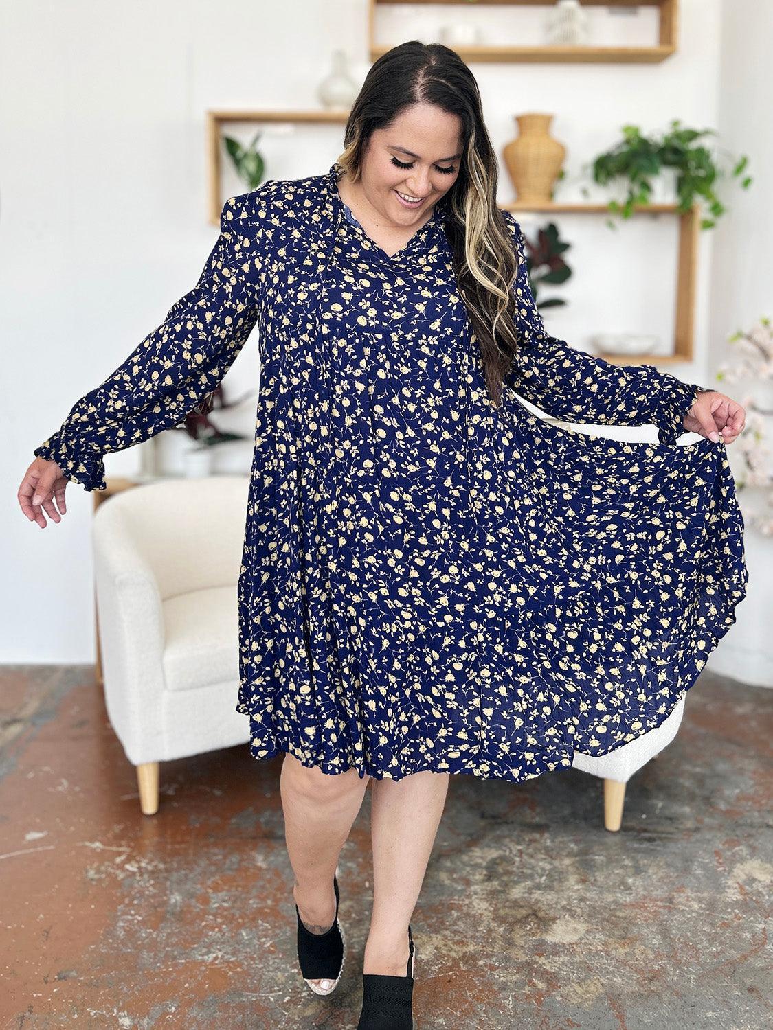 Double Take Full Size Printed Ruffle Hem Long Sleeve Tiered Dress - ClubOn