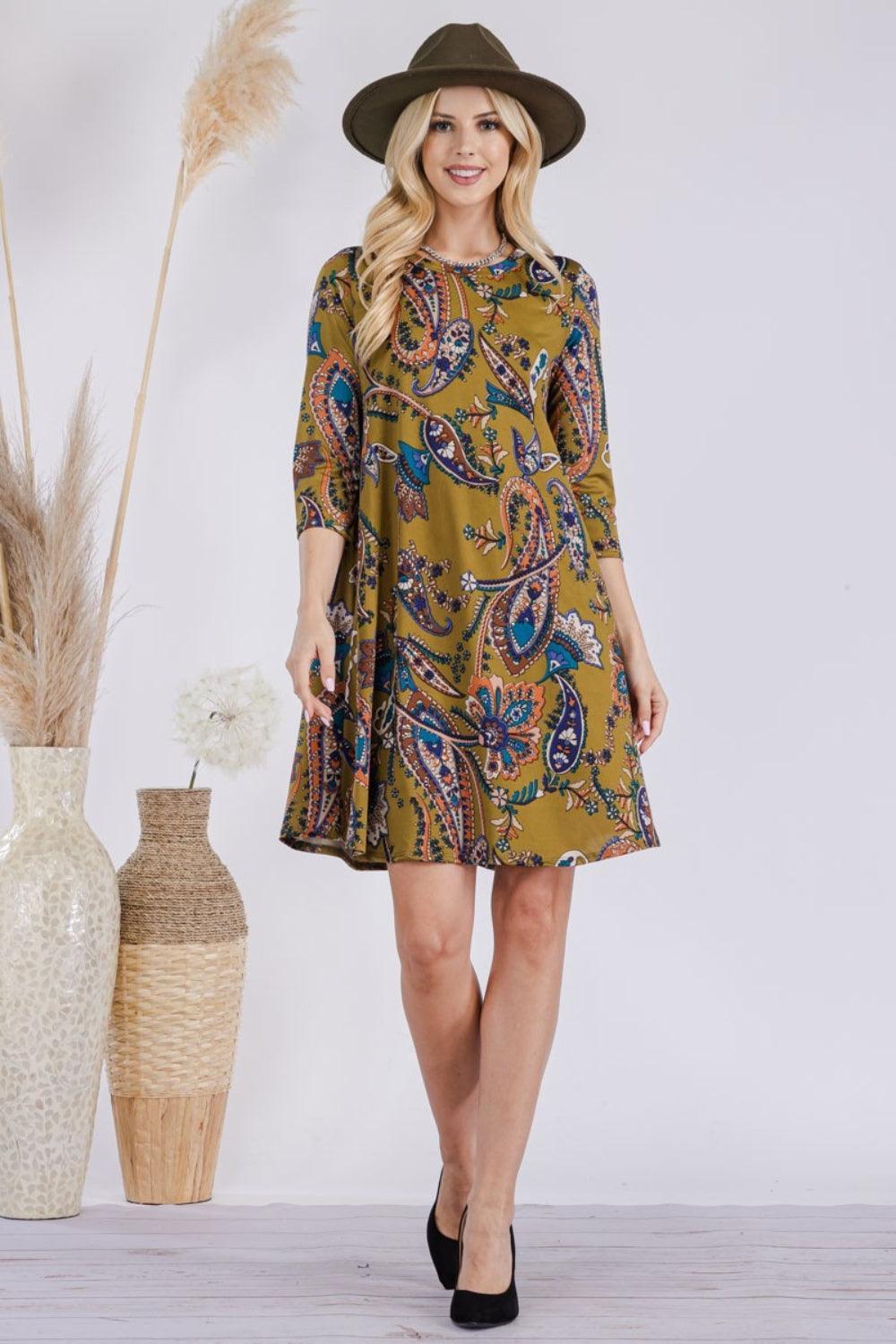 Celeste Full Size Paisley Print Round Neck Dress with Pockets - ClubOn