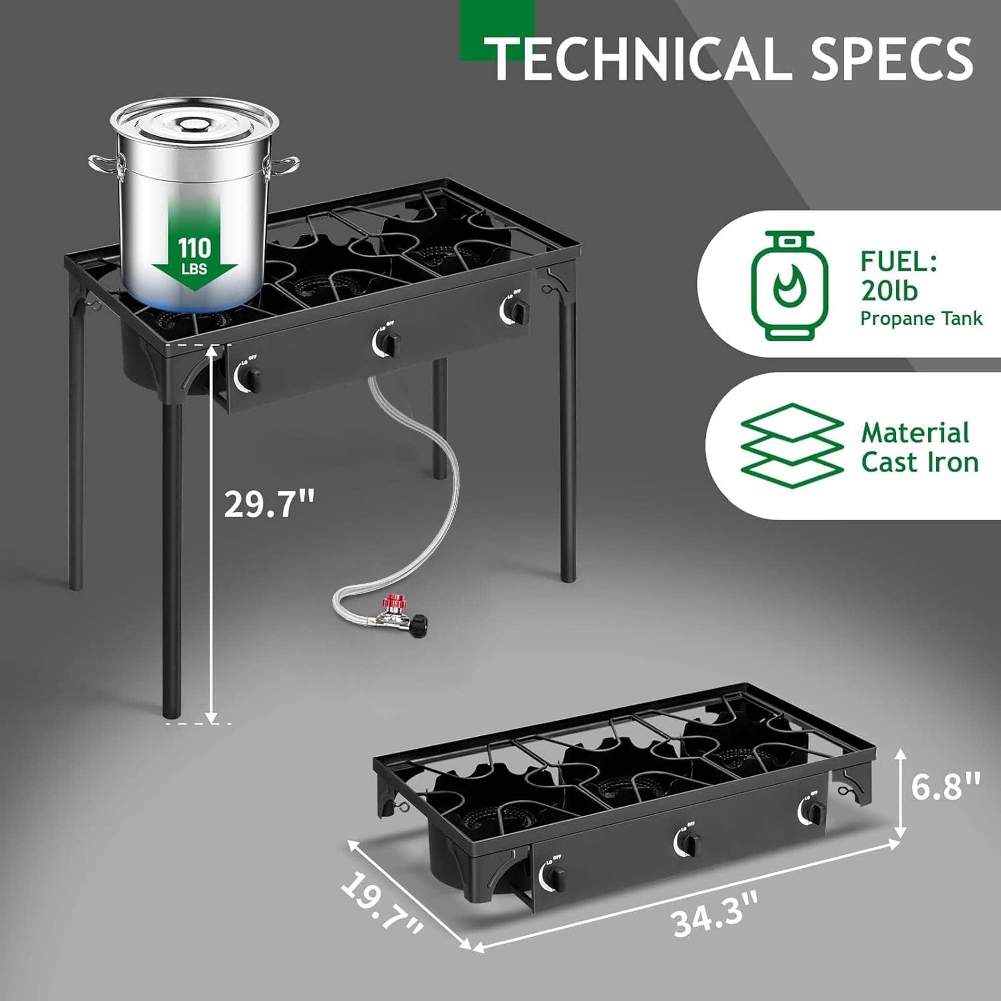 GVDV 3-Burner Propane Camping Stove, 225,000-BTU Gas Stove for BBQ, Heavy Duty, Black - ClubOn