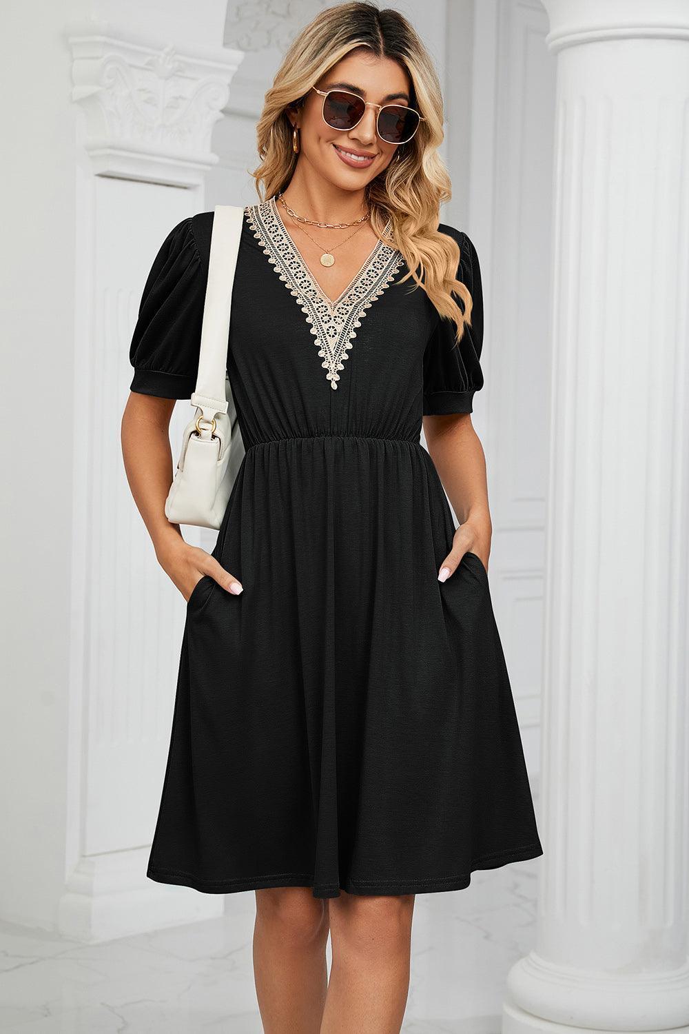 V-Neck Puff Sleeve Dress - ClubOn