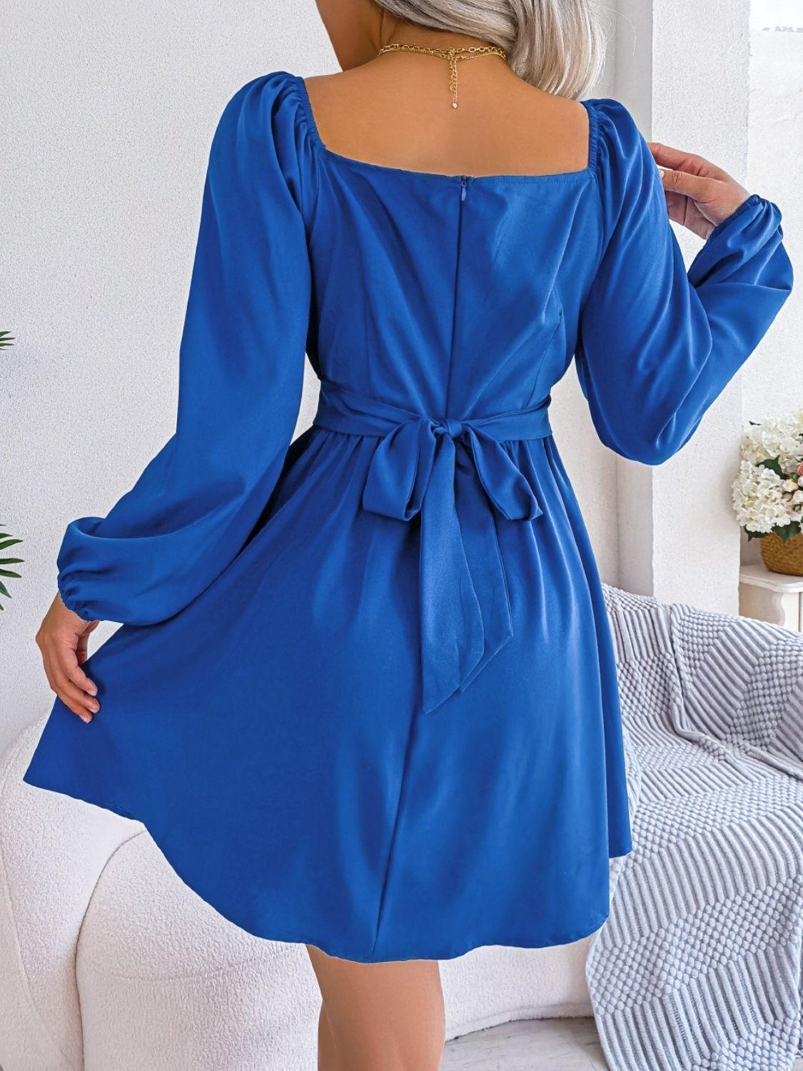 Tied Square Neck Balloon Sleeve Dress - ClubOn