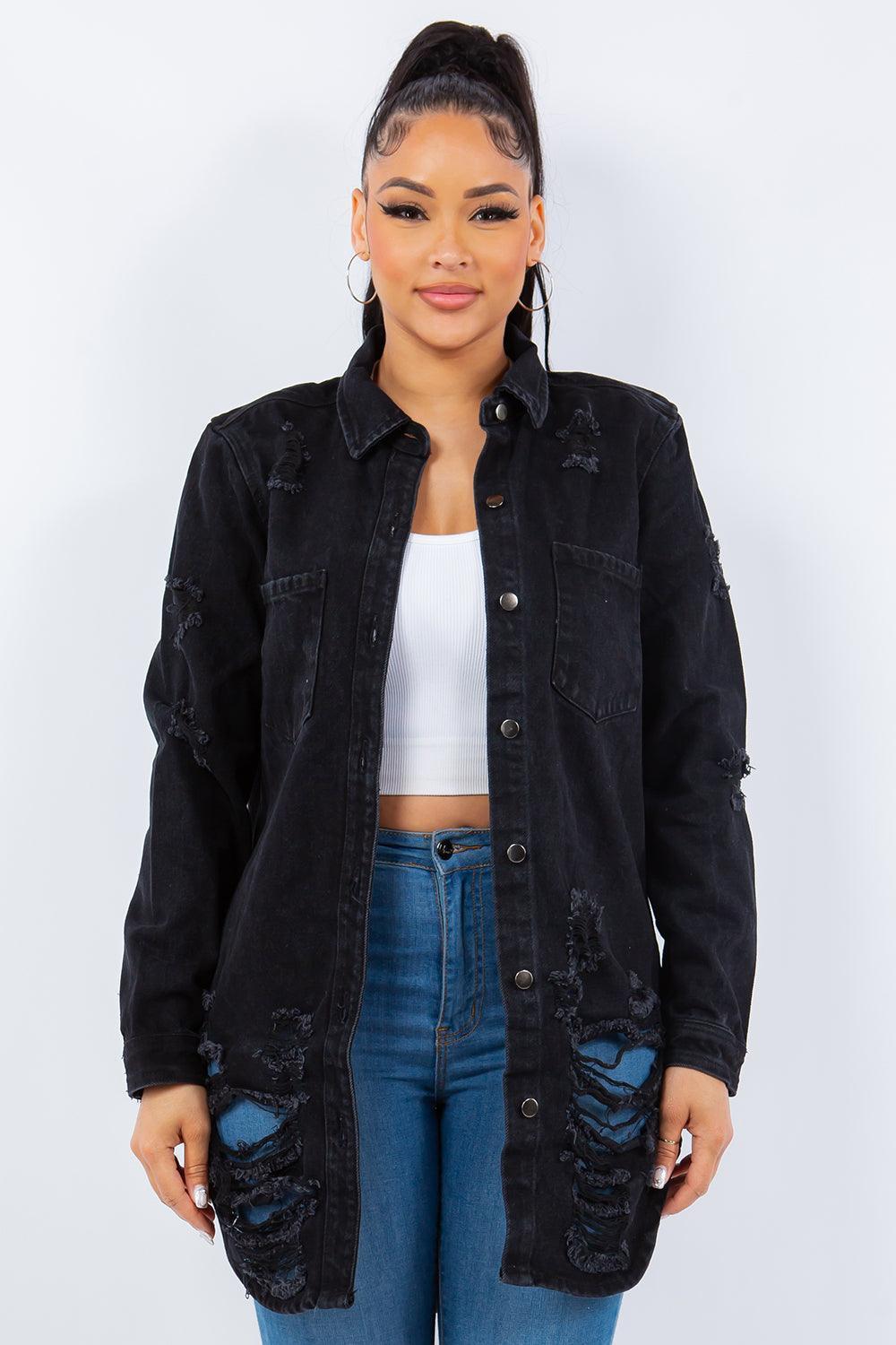American Bazi Distressed Button Up Long Sleeve Denim Jacket - ClubOn