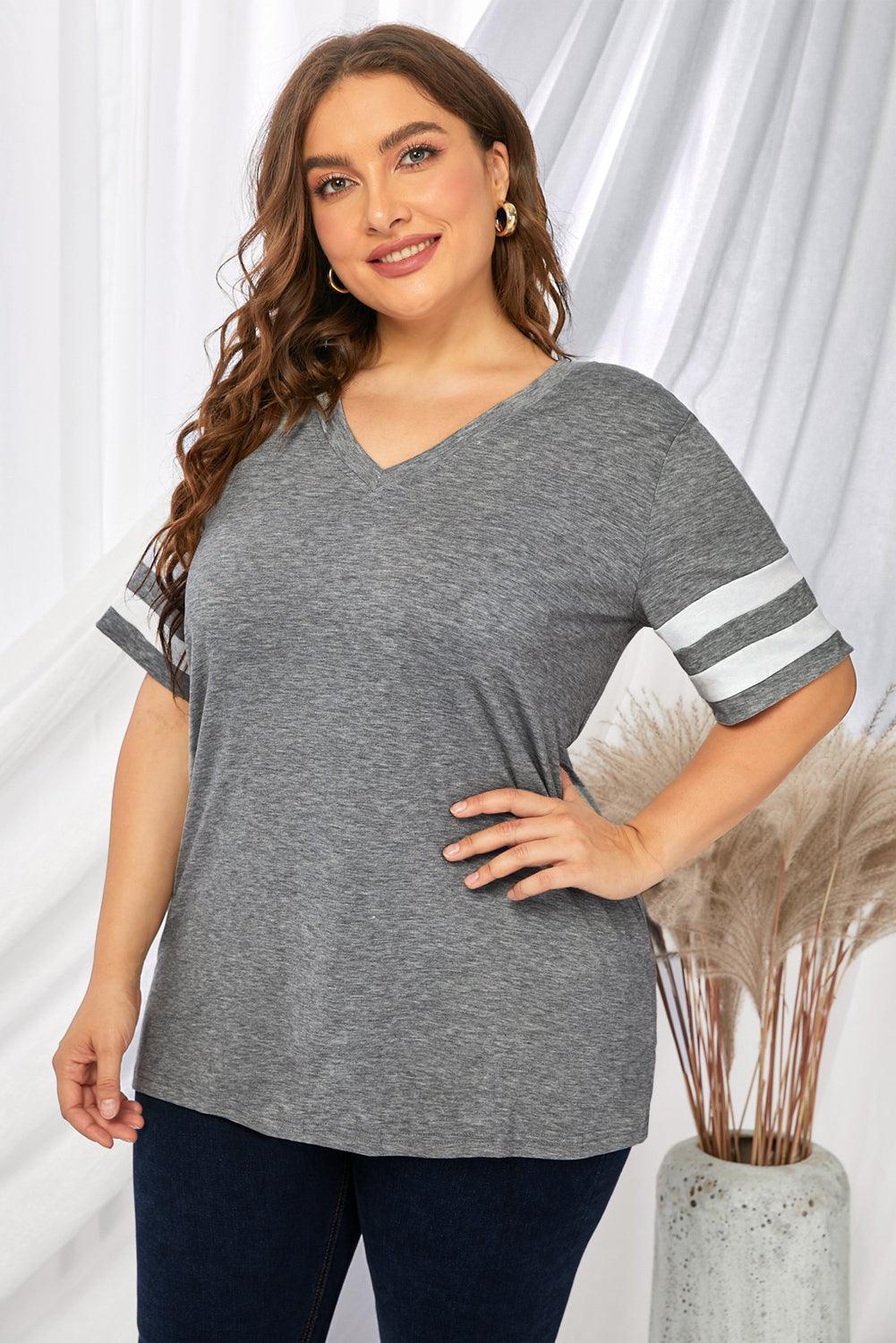 Plus Size Striped V-Neck Tee Shirt - ClubOn