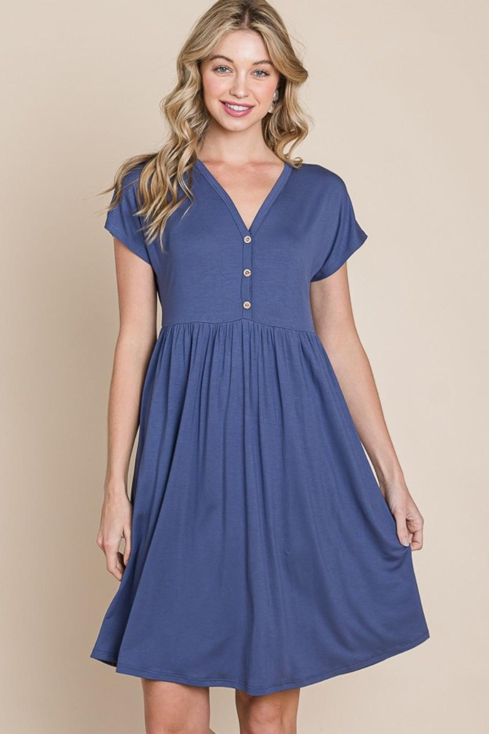 BOMBOM V-Neck Short Sleeve Dress - ClubOn
