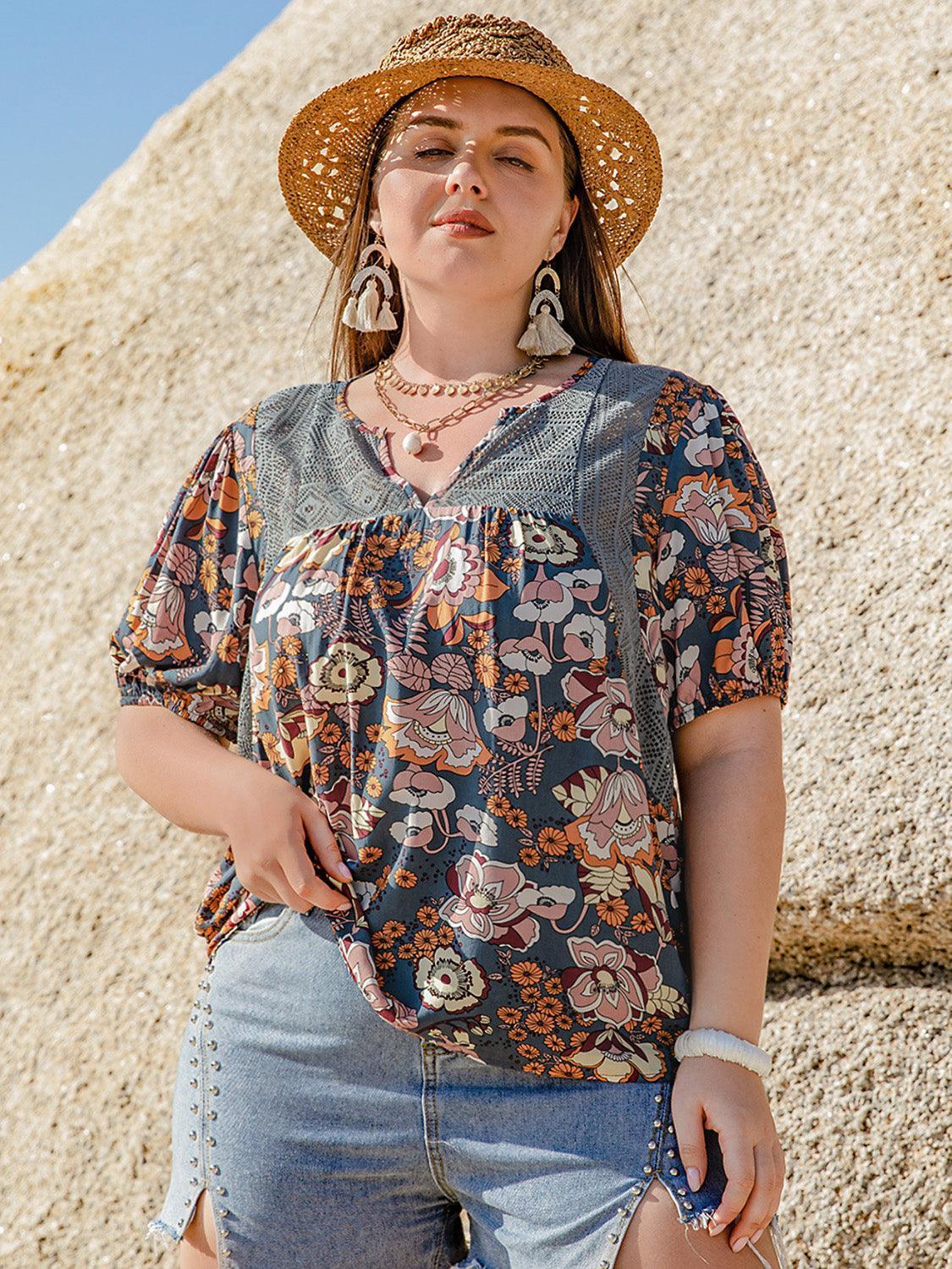 Plus Size Printed Notched Half Sleeve Blouse - ClubOn