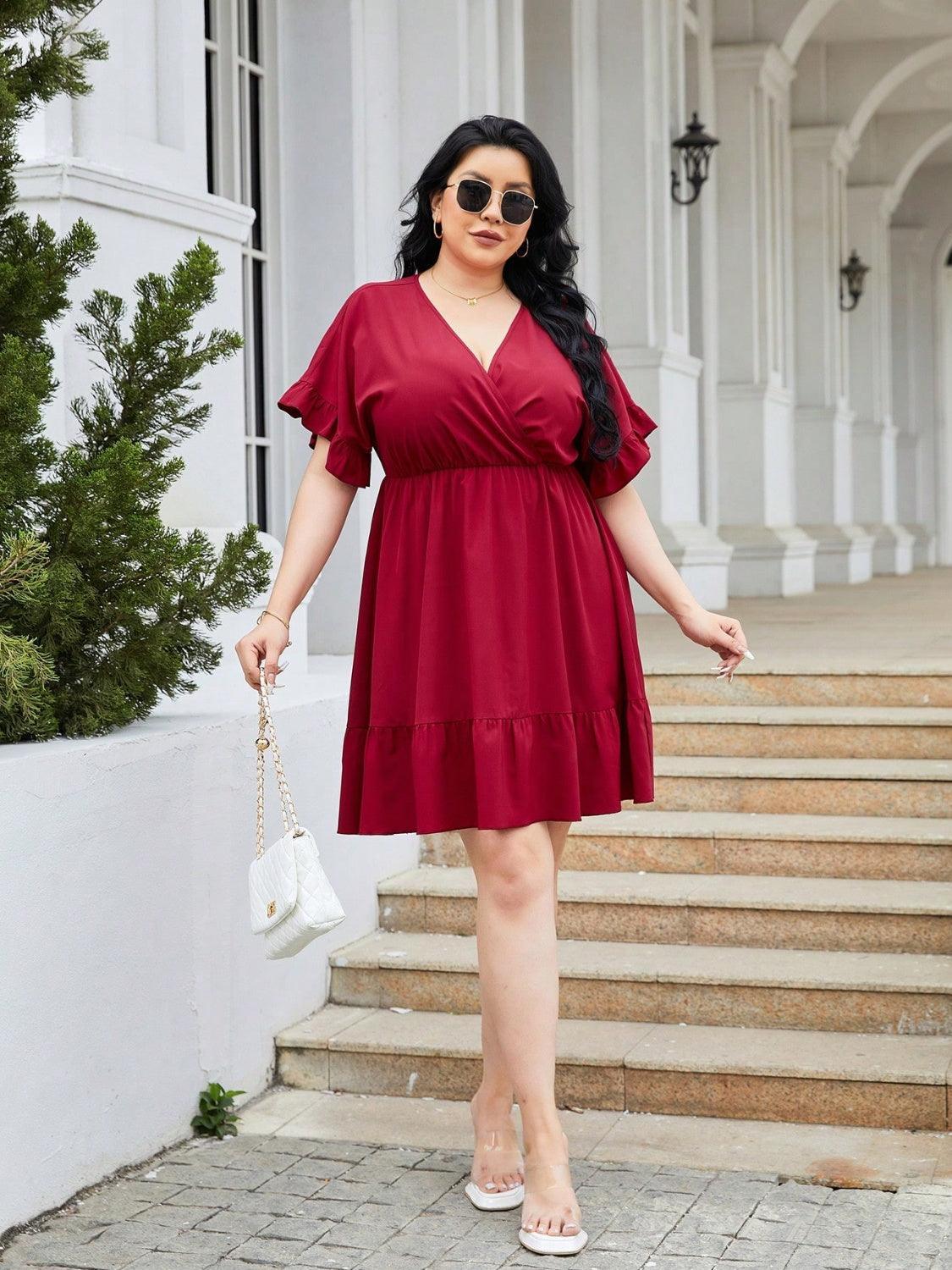 Plus Size Ruched Surplice Flounce Sleeve Mini Dress - ClubOn