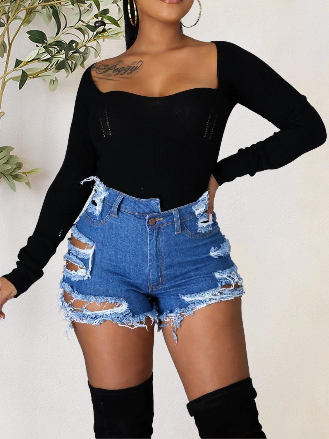 Distressed Raw Hem Denim Shorts with Pockets - ClubOn