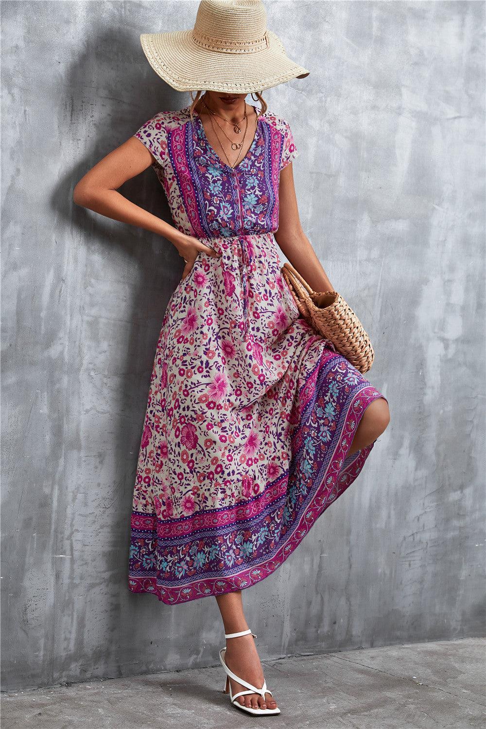 V-Neck Short Sleeve Printed Maxi Dress - ClubOn