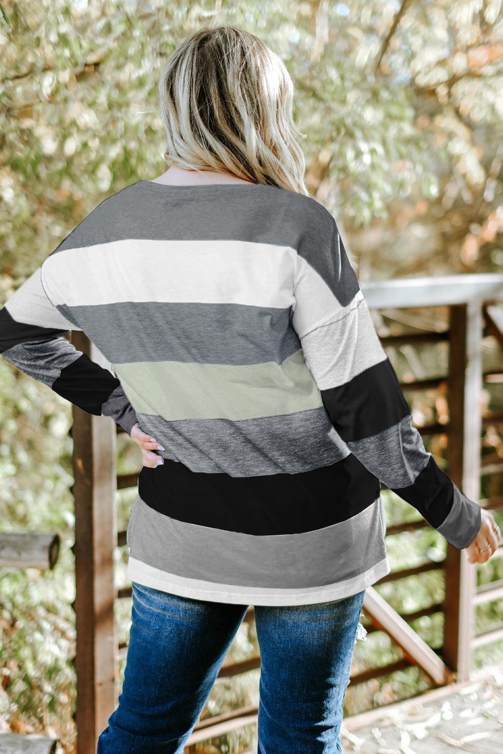 Plus Size Striped Slit Long Sleeve T-Shirt - ClubOn