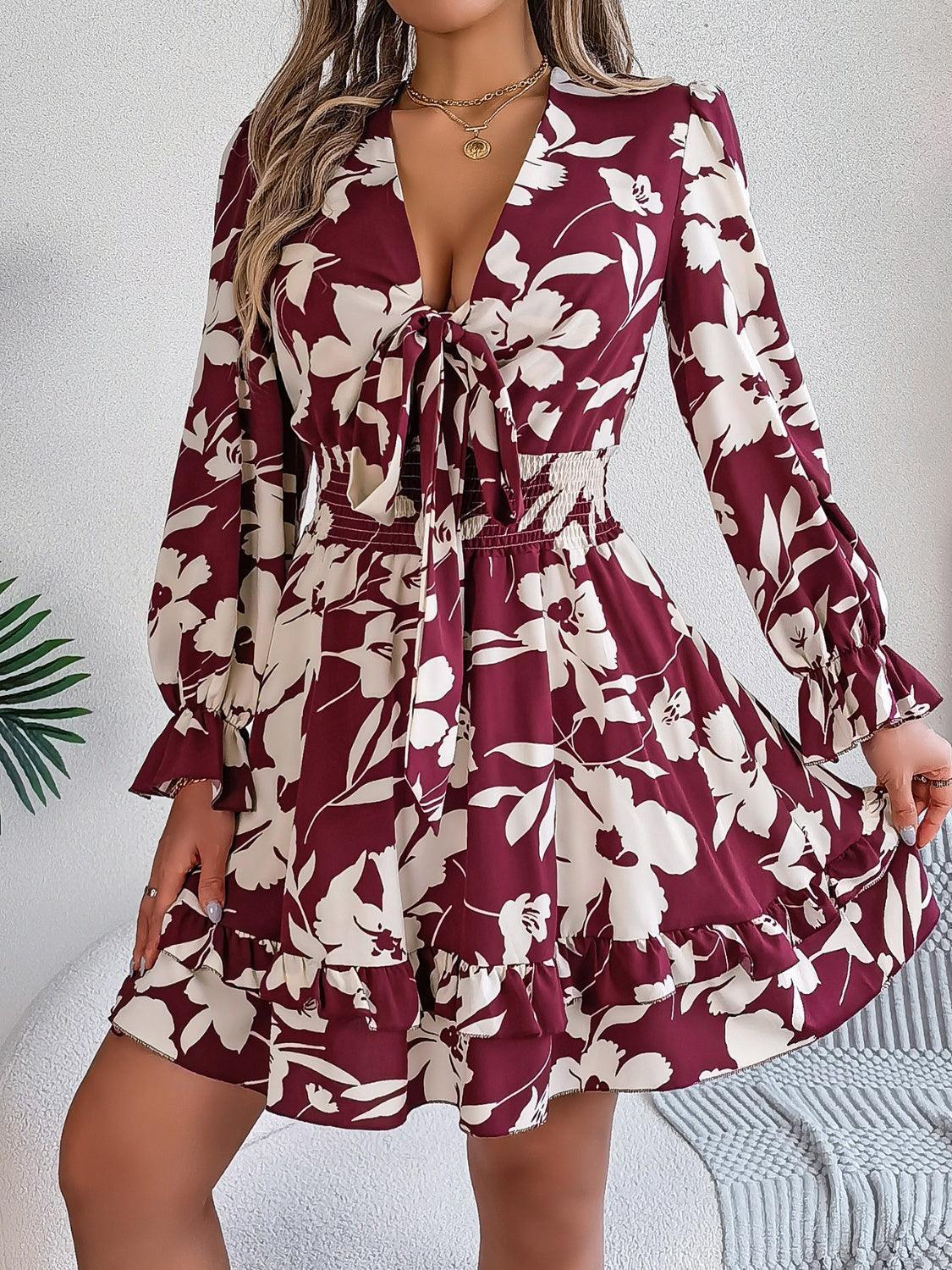 Tied Ruffled Printed Long Sleeve Dress - ClubOn