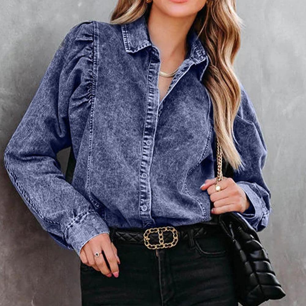Collared Neck Buttoned Denim Shirt - ClubOn