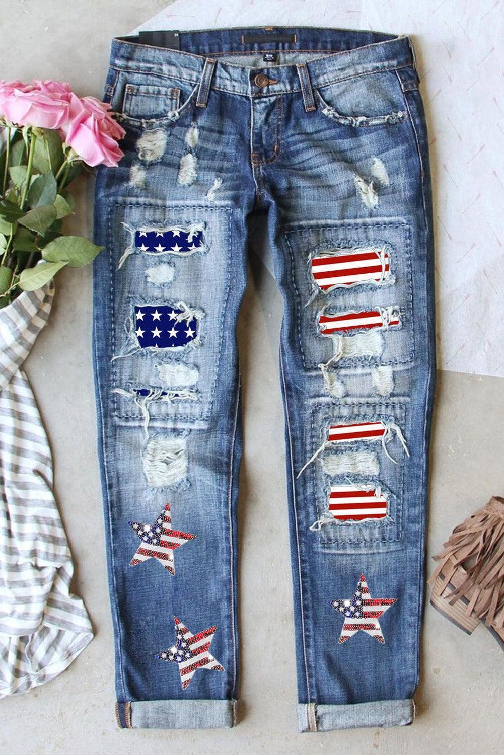 US Flag Mid-Rise Waist Straight Jeans - ClubOn