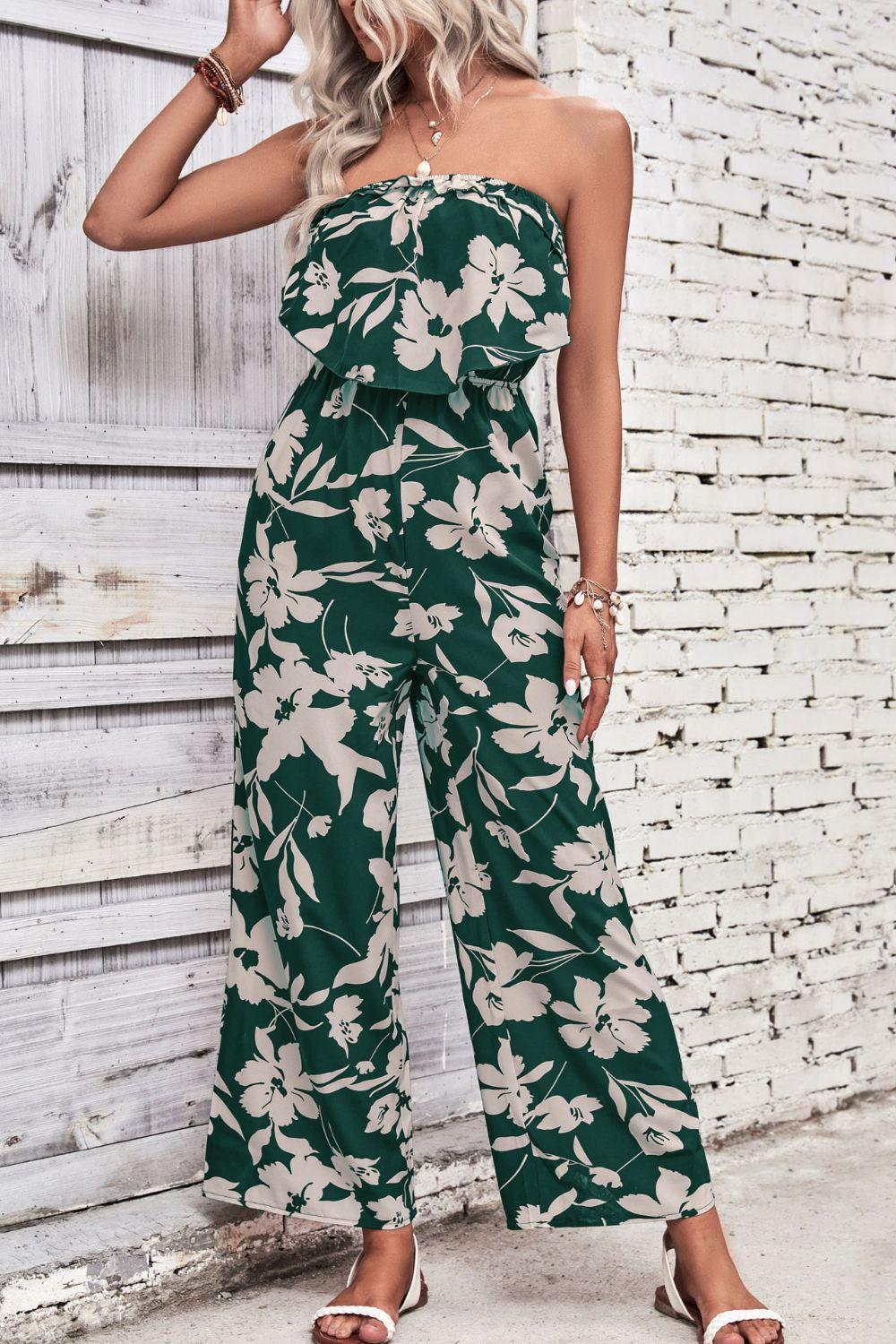 Perfee Floral Strapless Wide Leg Jumpsuit - ClubOn