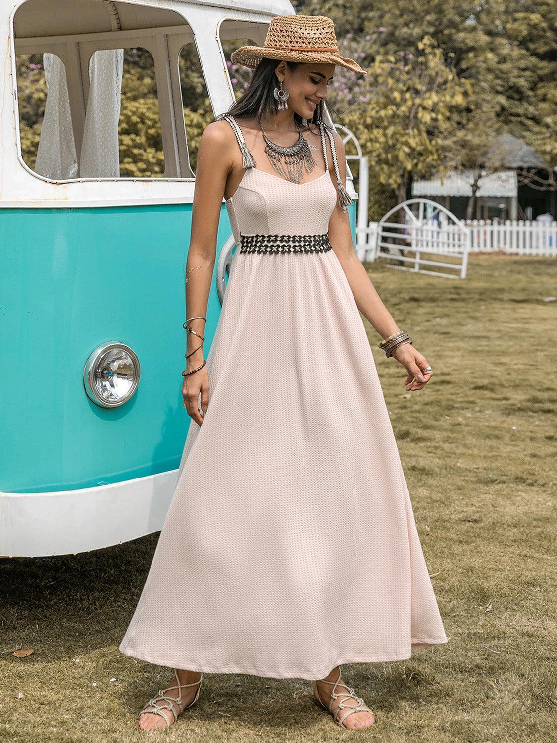 Waffle-Knit Tied Spaghetti Strap Dress - ClubOn