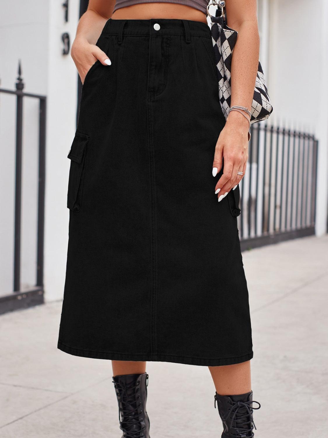 Slit Buttoned Denim Skirt with Pockets - ClubOn