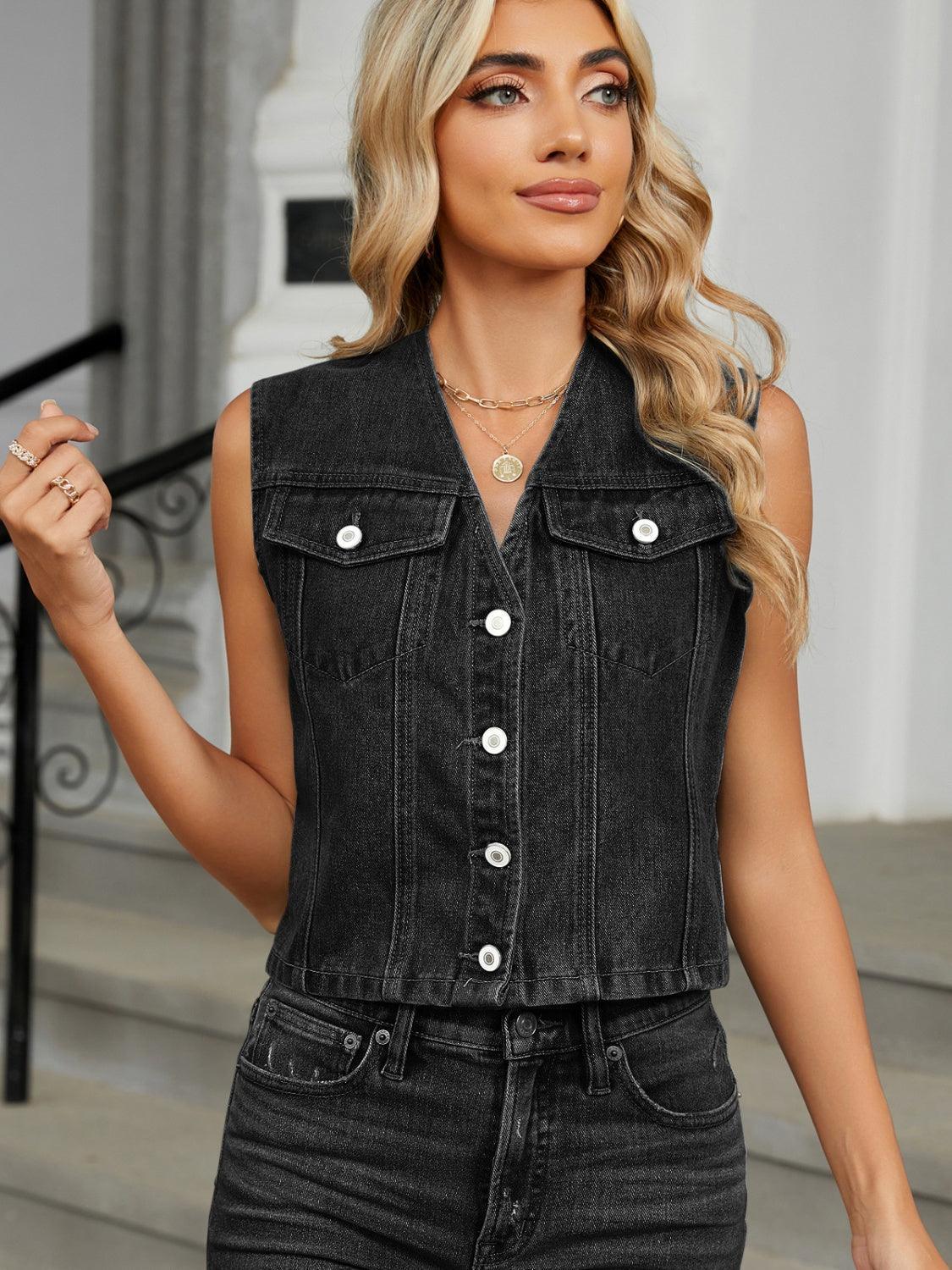 V-Neck Button Down Denim Vest - ClubOn