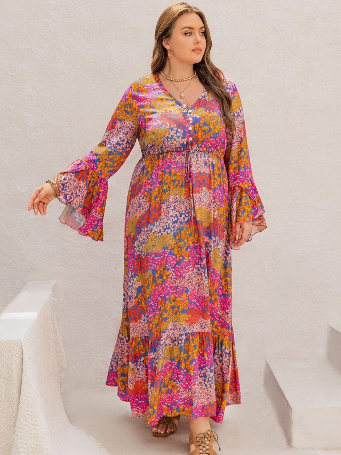 Plus Size Printed V-Neck Long Sleeve Maxi Dress - ClubOn