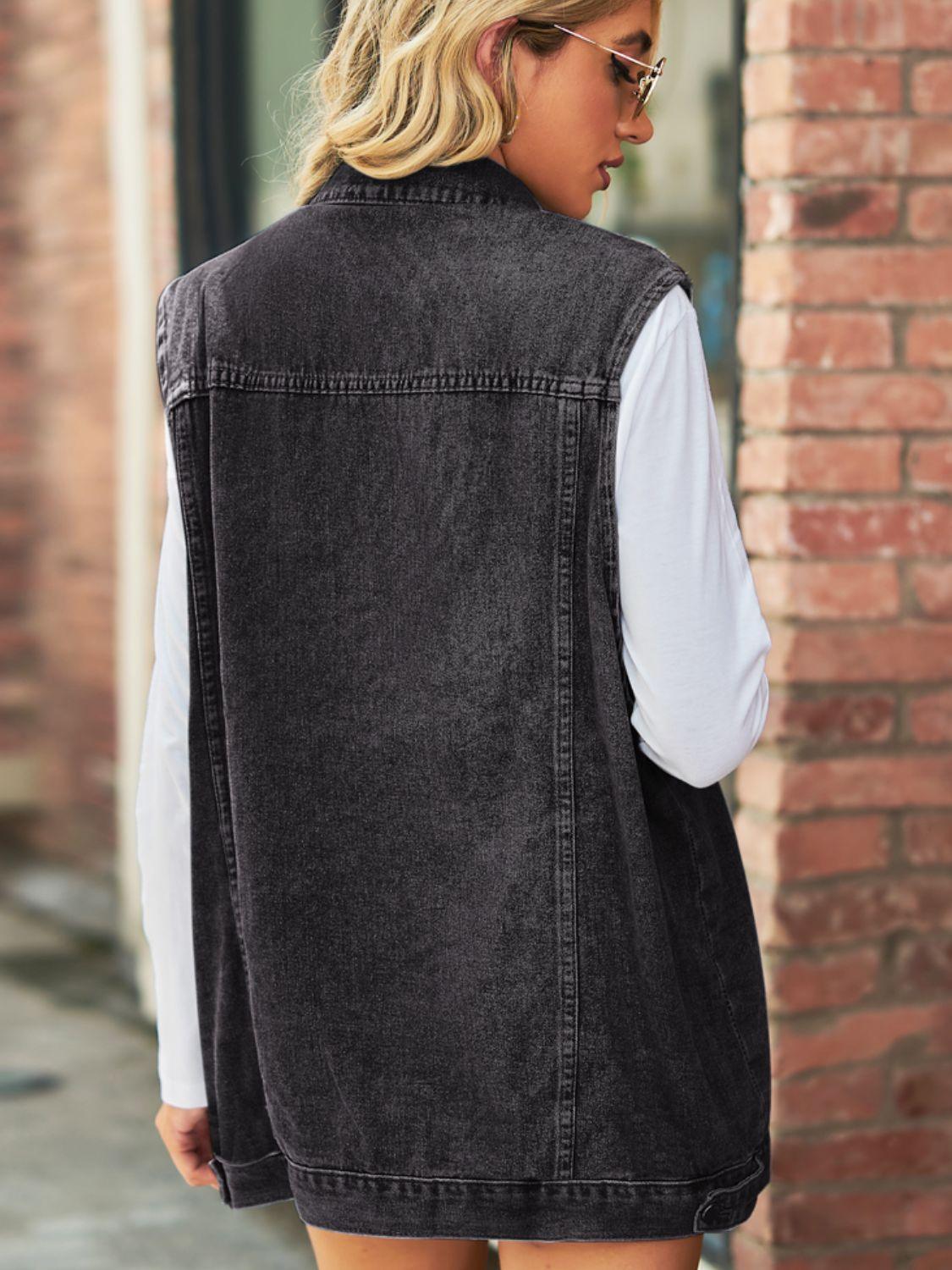 Collared Neck Sleeveless Denim Top with Pockets - ClubOn