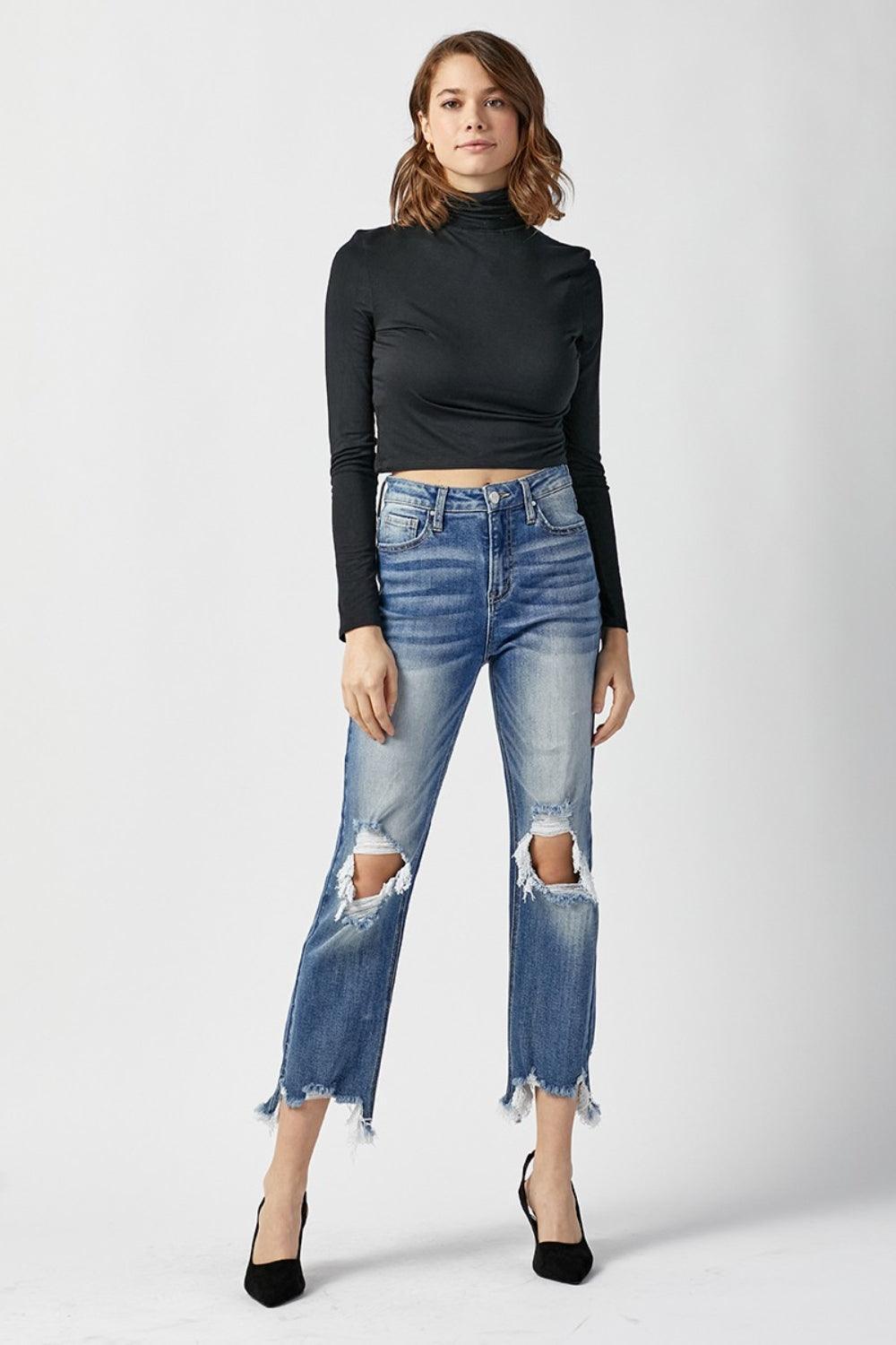 RISEN High Waist Distressed Frayed Hem Cropped Straight Jeans - ClubOn
