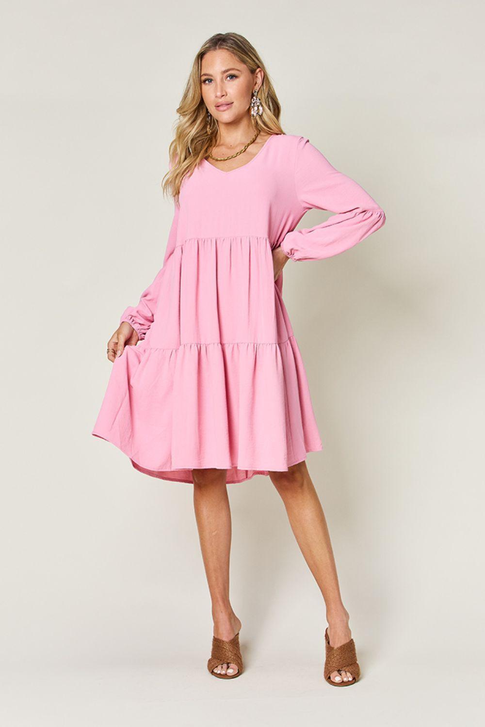 Double Take Full Size V-Neck Balloon Sleeve Tiered Dress with Pockets - ClubOn