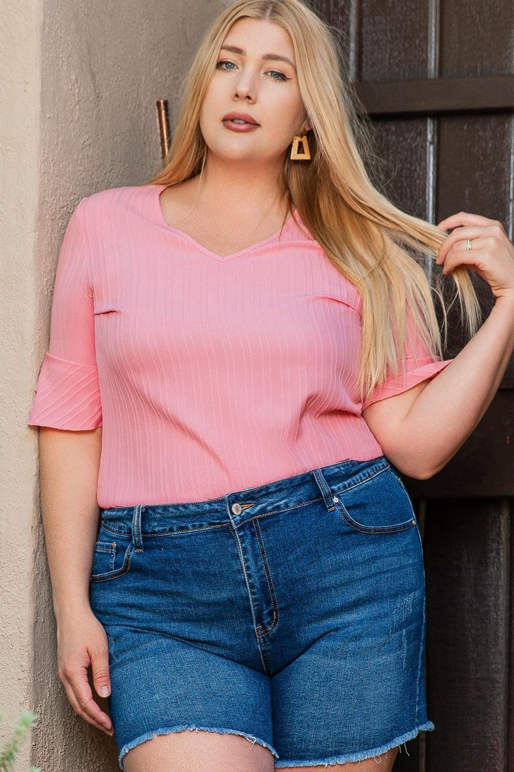Plus Size V-Neck Half Sleeve Blouse - ClubOn