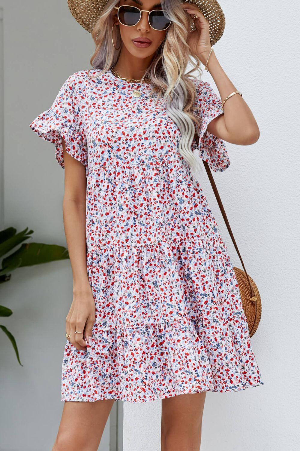 Ditsy Floral Flounce Sleeve Tiered Dress - ClubOn