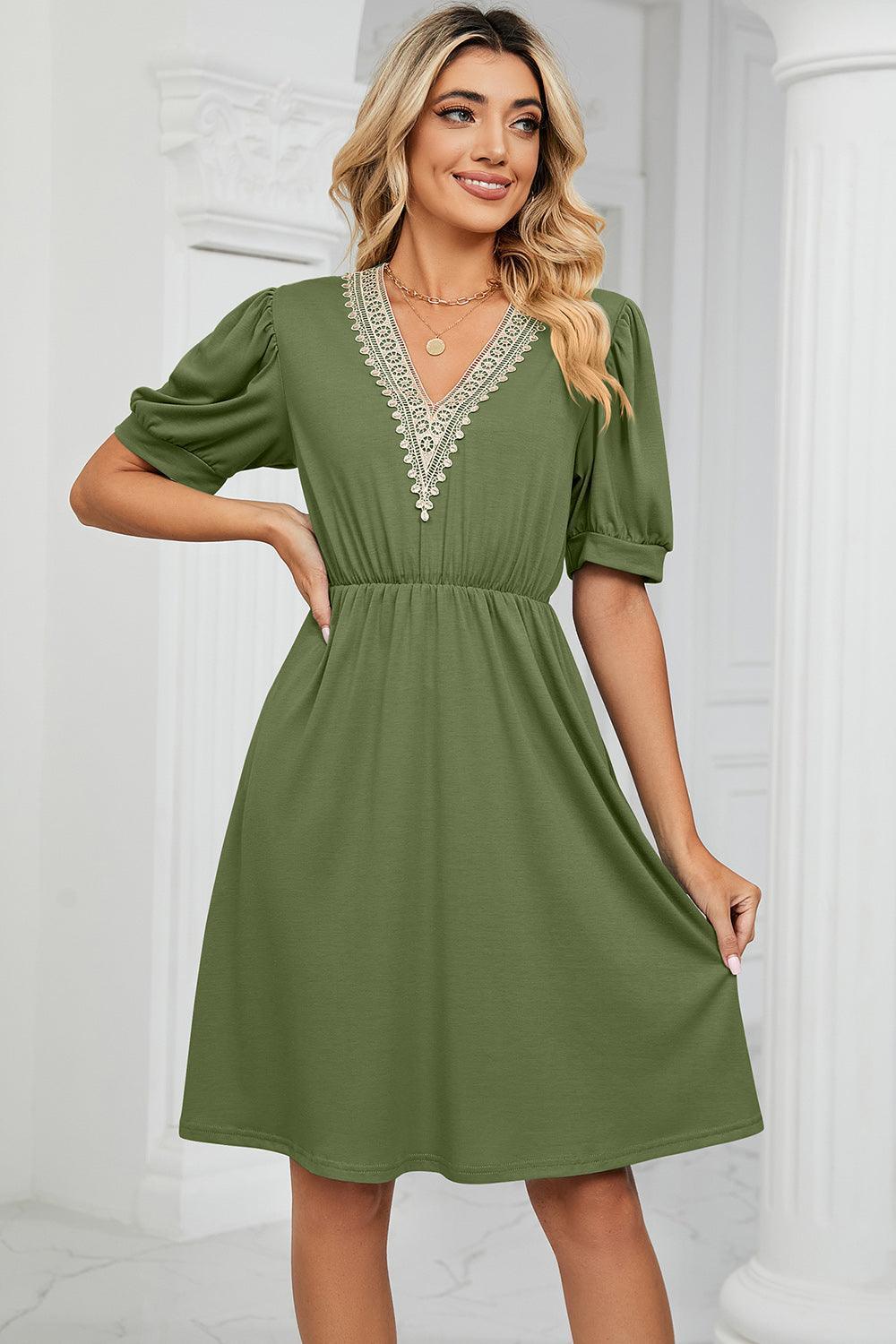V-Neck Puff Sleeve Dress - ClubOn