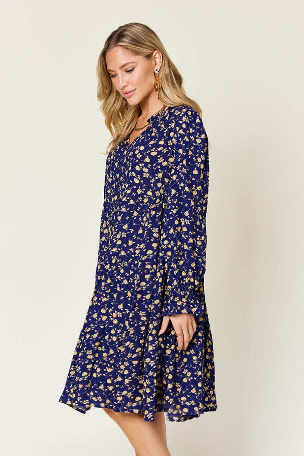 Double Take Full Size Printed Ruffle Hem Long Sleeve Tiered Dress - ClubOn