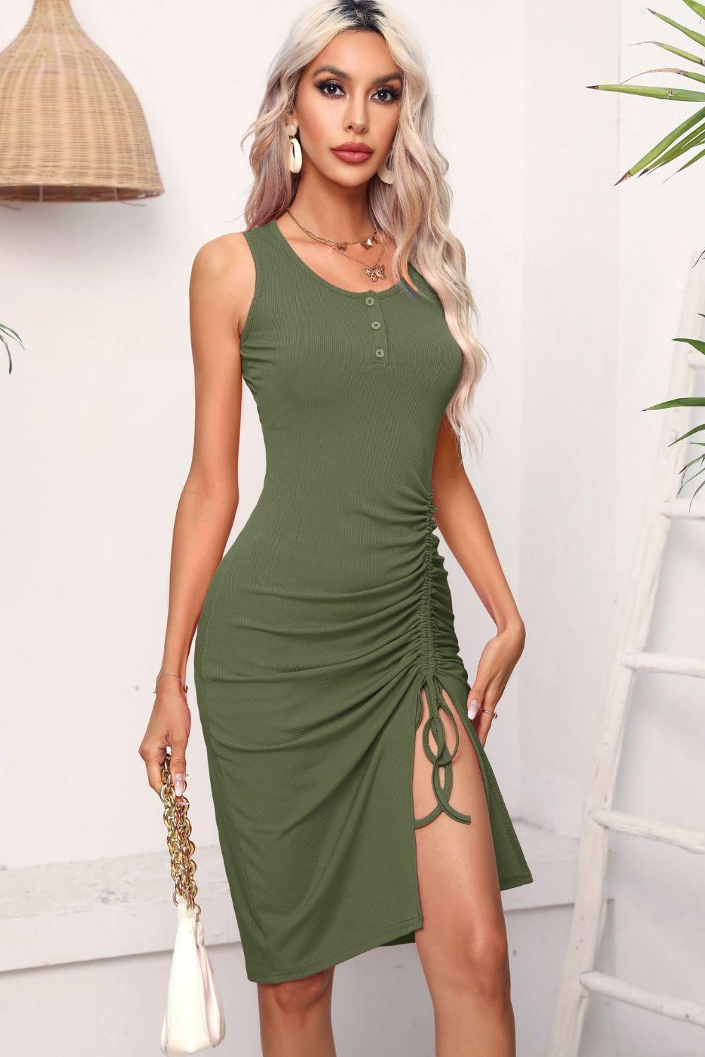 Drawstring Ruched Slit Sleeveless Dress - ClubOn