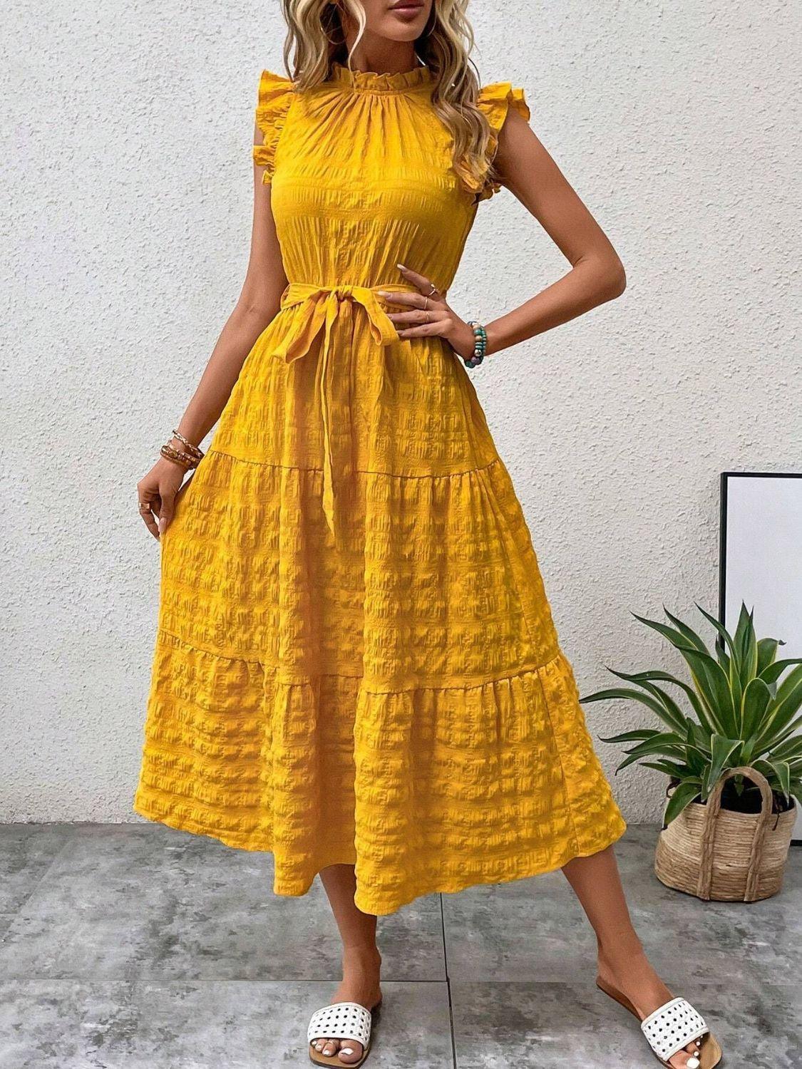 Tied Ruffled Cap Sleeve Midi Dress - ClubOn