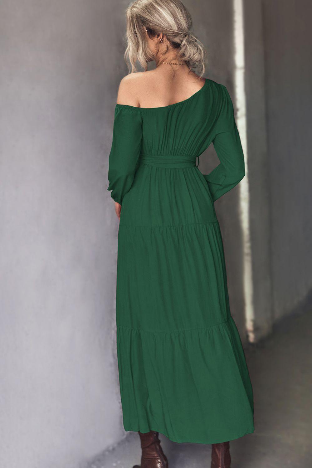 Belted One-Shoulder Tiered Maxi Dress - ClubOn