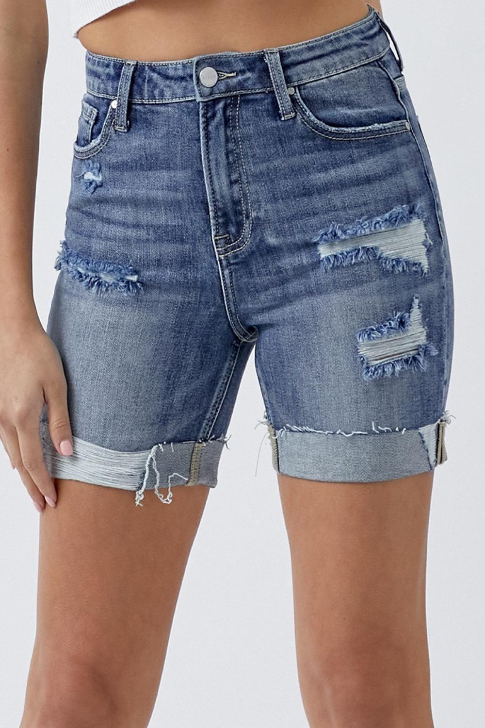RISEN Full Size Distressed Rolled Denim Shorts with Pockets - ClubOn