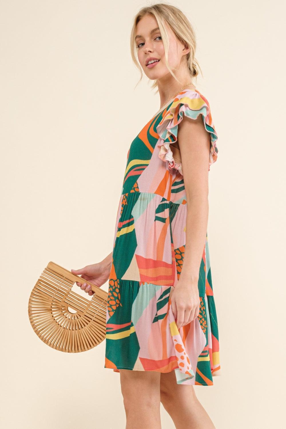 And The Why Printed Double Ruffle Sleeve Dress - ClubOn