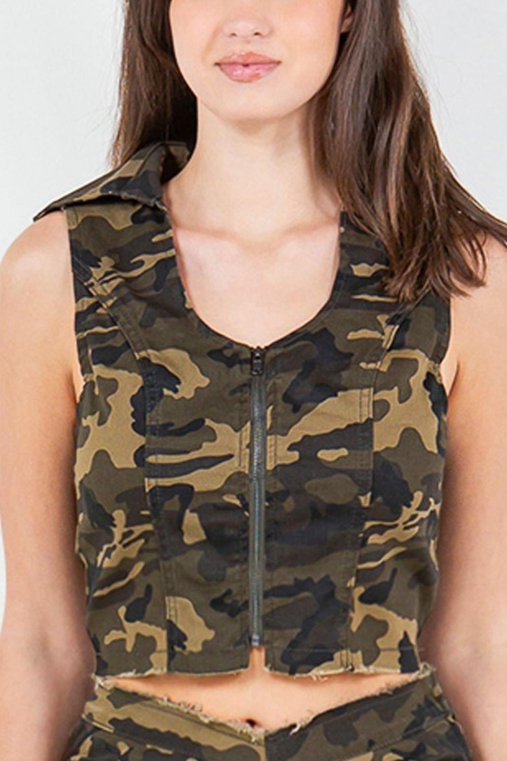 American Bazi Zip Up Camo Crop Denim Vest - ClubOn