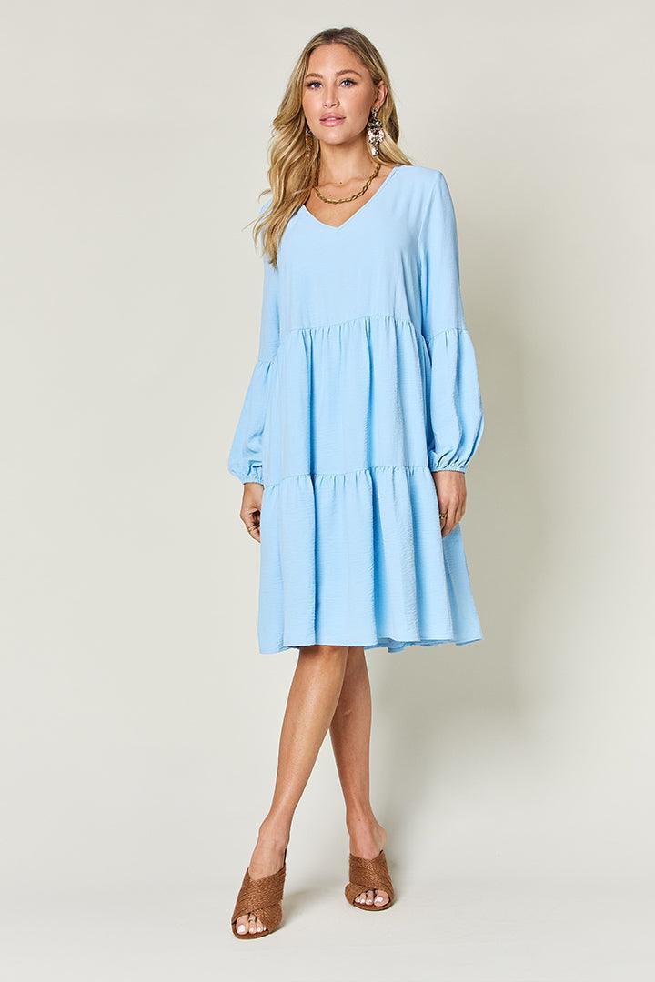 Double Take Full Size V-Neck Balloon Sleeve Tiered Dress with Pockets - ClubOn
