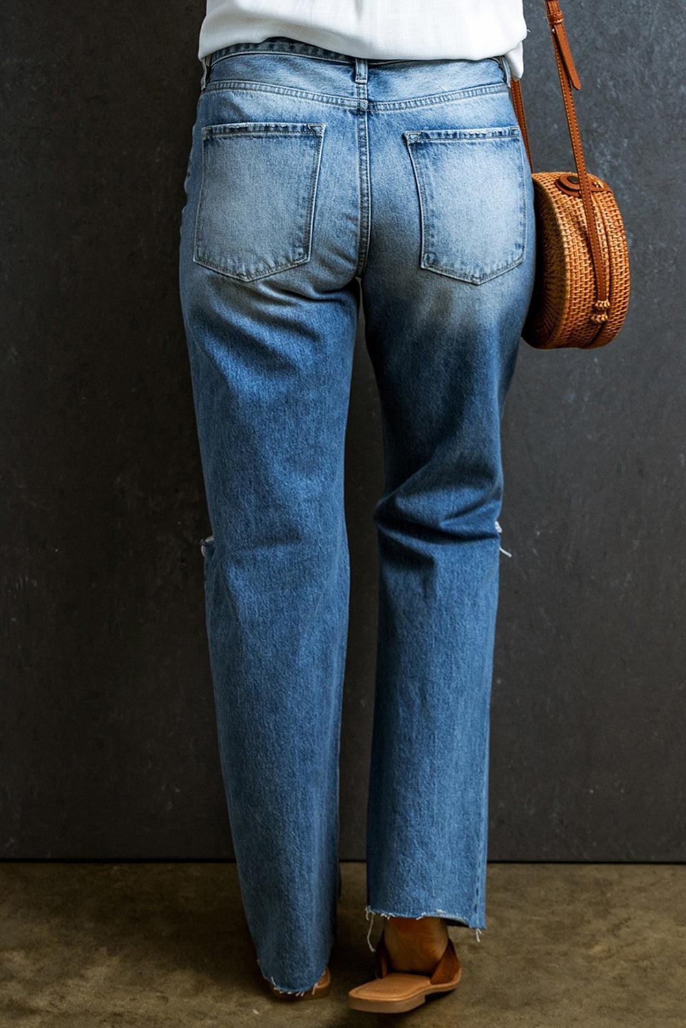Distressed Raw Hem Jeans with Pockets - ClubOn