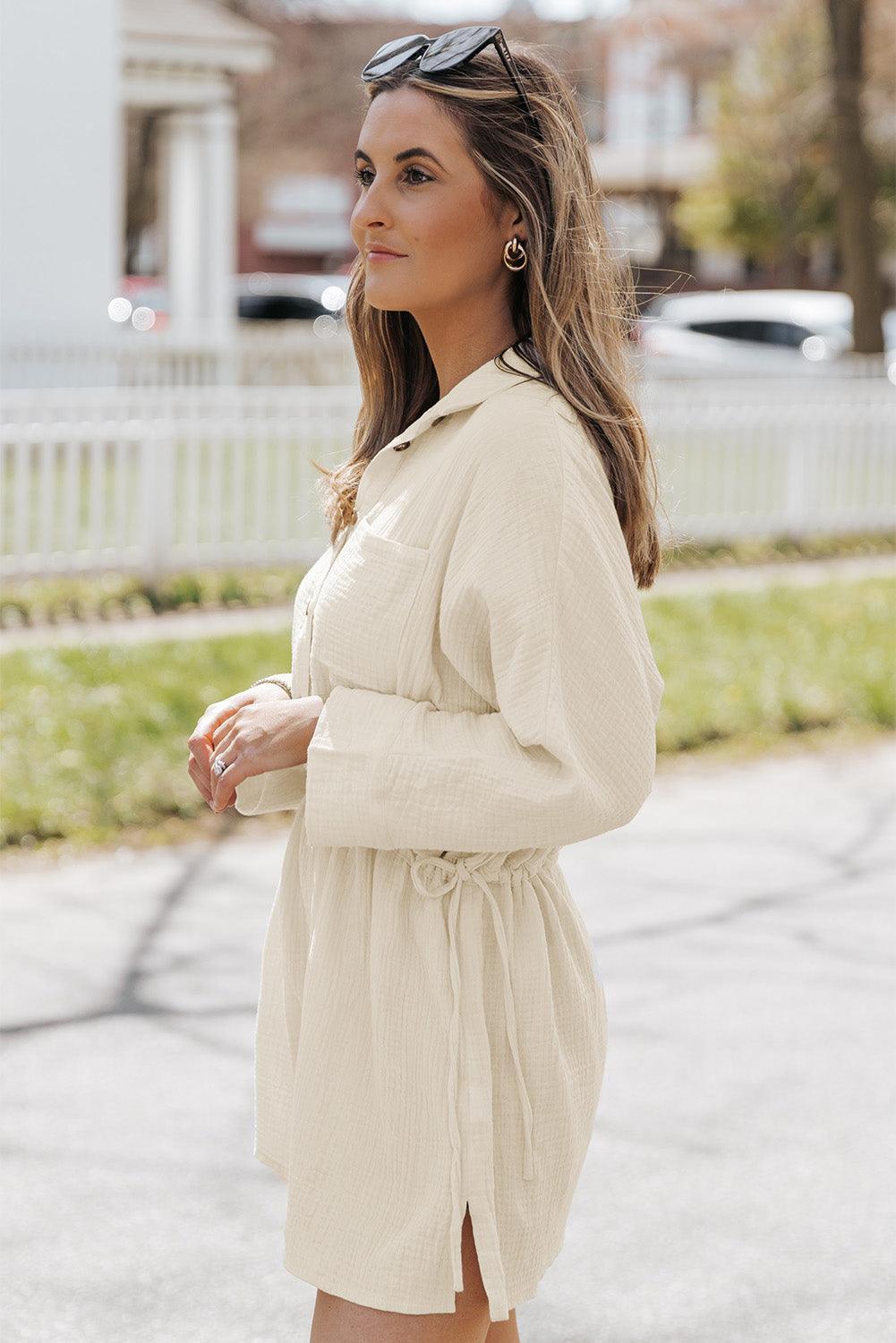 Button-Up Long Sleeve Collared Neck Mini Dress - ClubOn