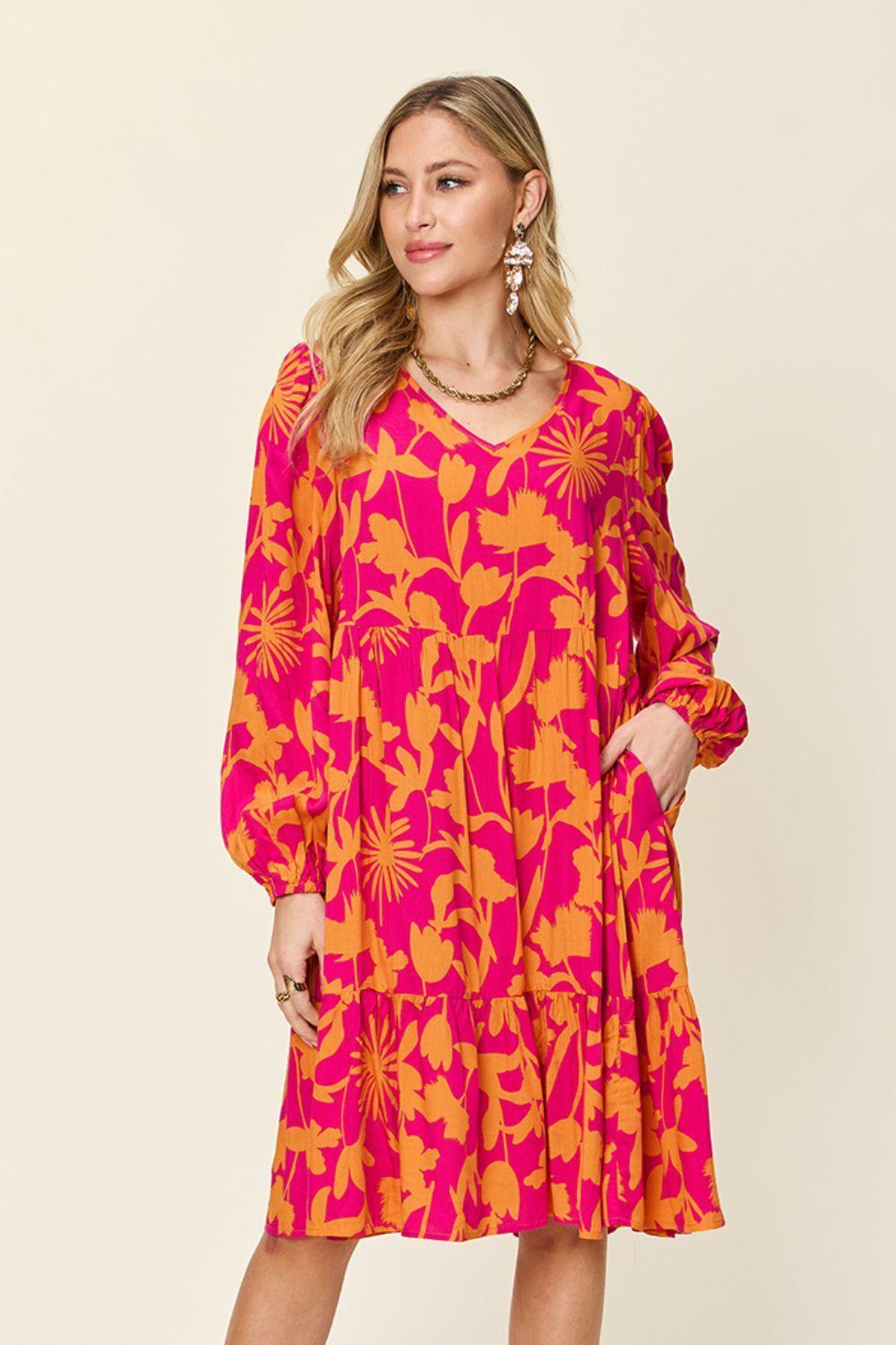 Double Take Full Size Printed Ruffle Hem Dress with Pocket - ClubOn