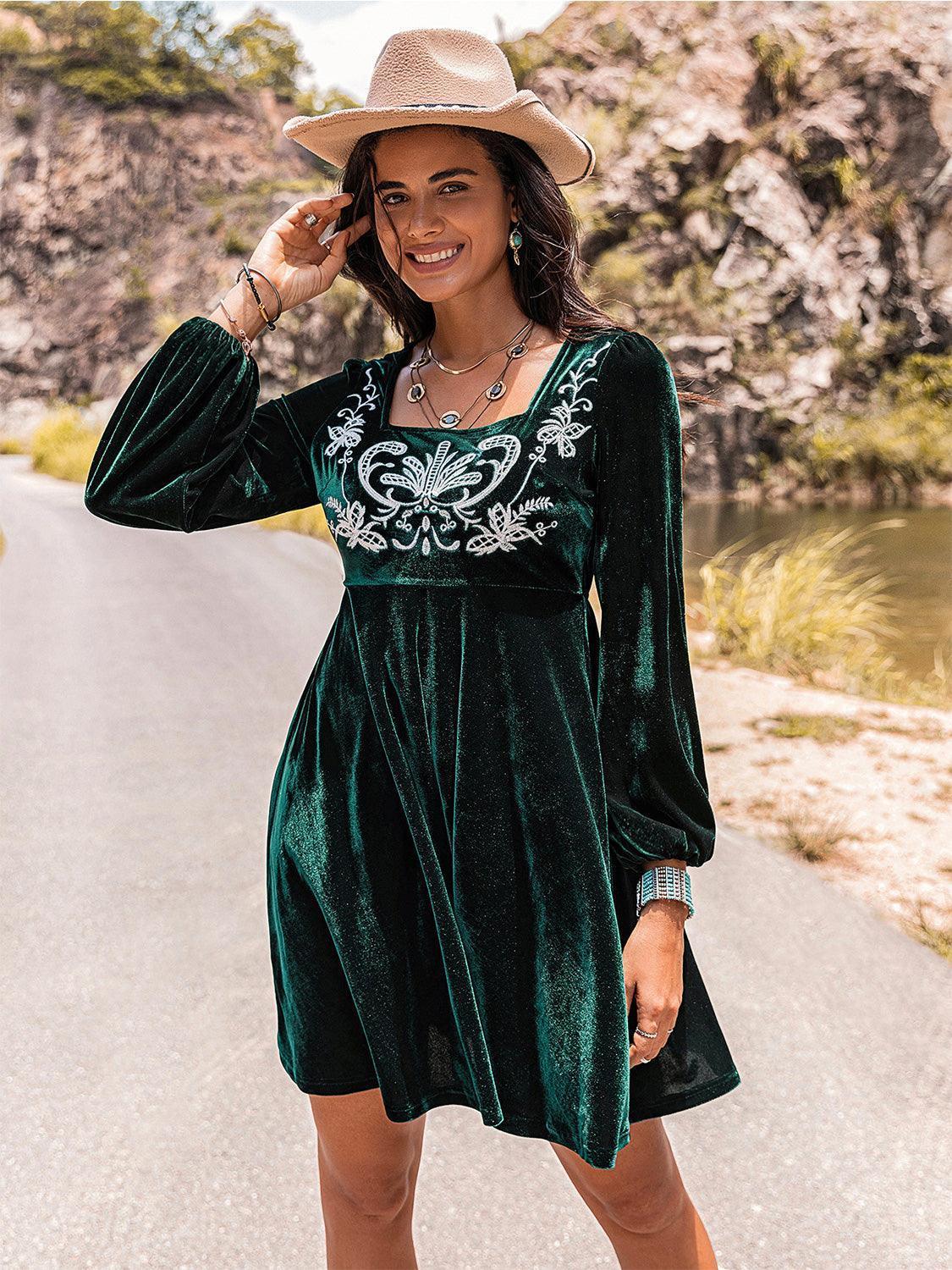 Embroidered Square Neck Long Sleeve Dress - ClubOn
