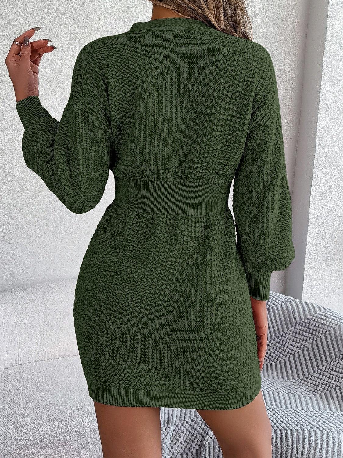 Buttoned Cable-Knit V-Neck Sweater Dress - ClubOn