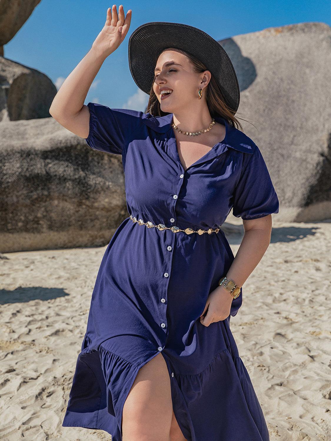 Plus Size Collared Neck Short Sleeve Midi Dress - ClubOn