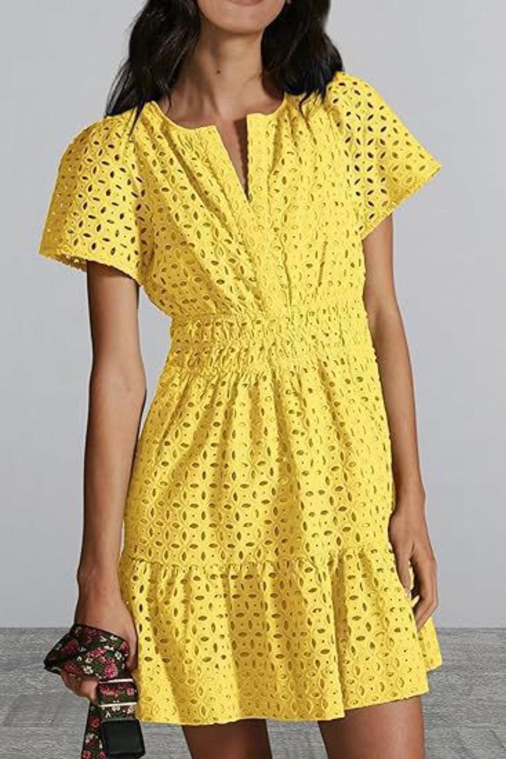 Eyelet Notched Short Sleeve Mini Dress - ClubOn