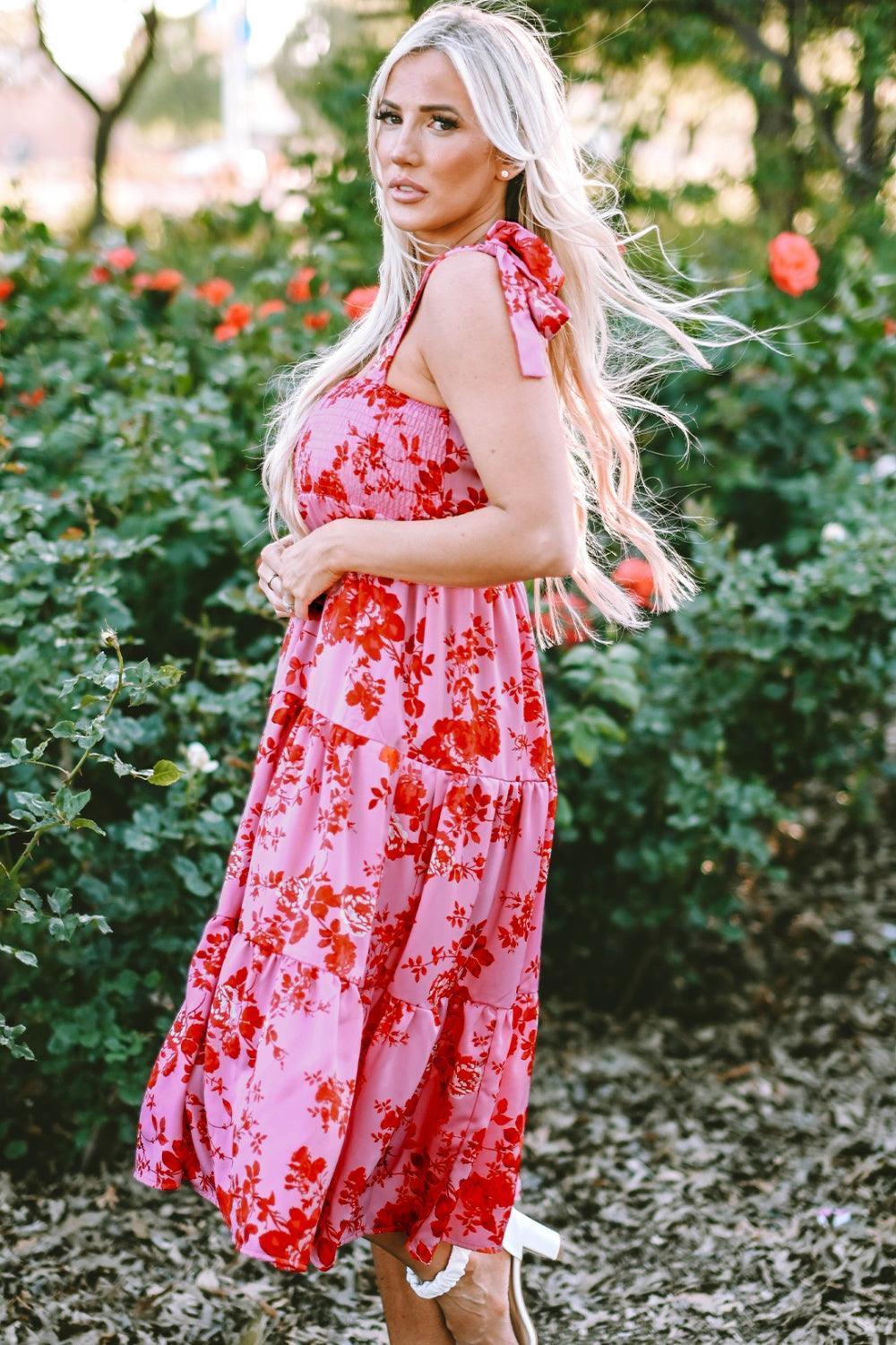 Tied Printed Sleeveless Tiered Dress - ClubOn