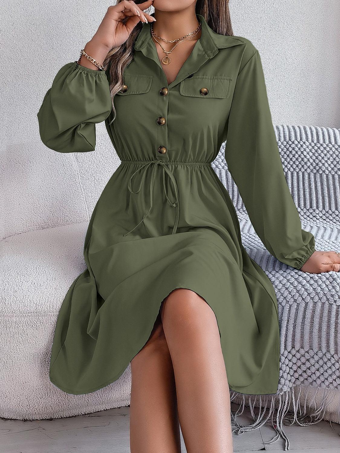 Collared Neck Long Sleeve Dress with Pockets - ClubOn