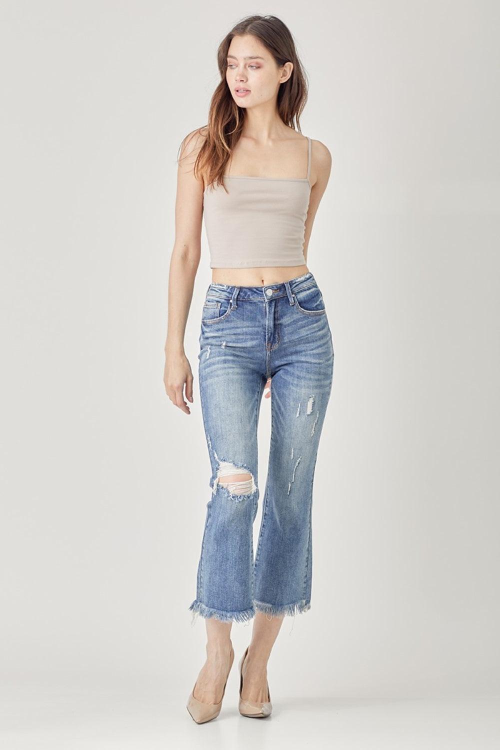 RISEN High Waist Distressed Cropped Bootcut Jeans - ClubOn