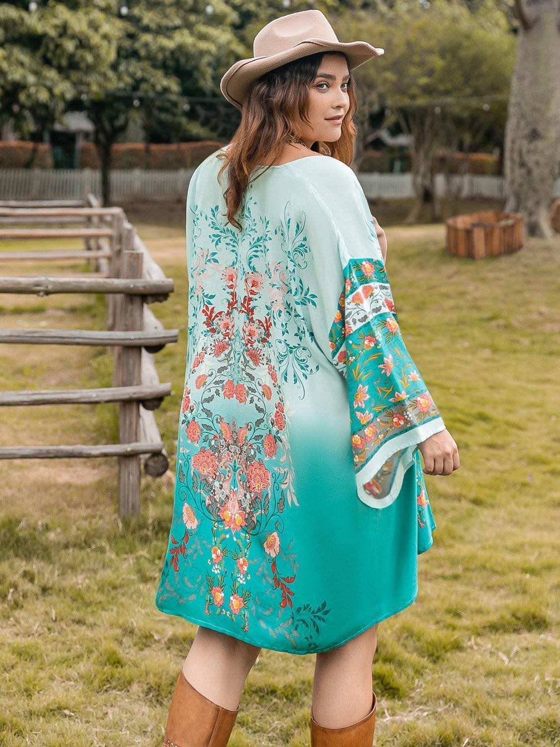 Plus Size Printed Open Front Long Sleeve Cover Up - ClubOn
