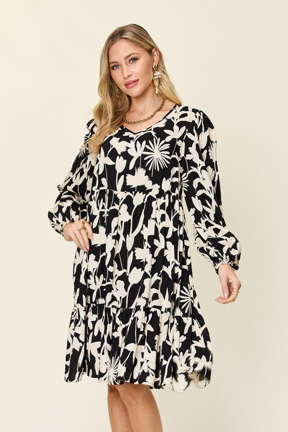 Double Take Full Size Printed Ruffle Hem Dress with Pocket - ClubOn