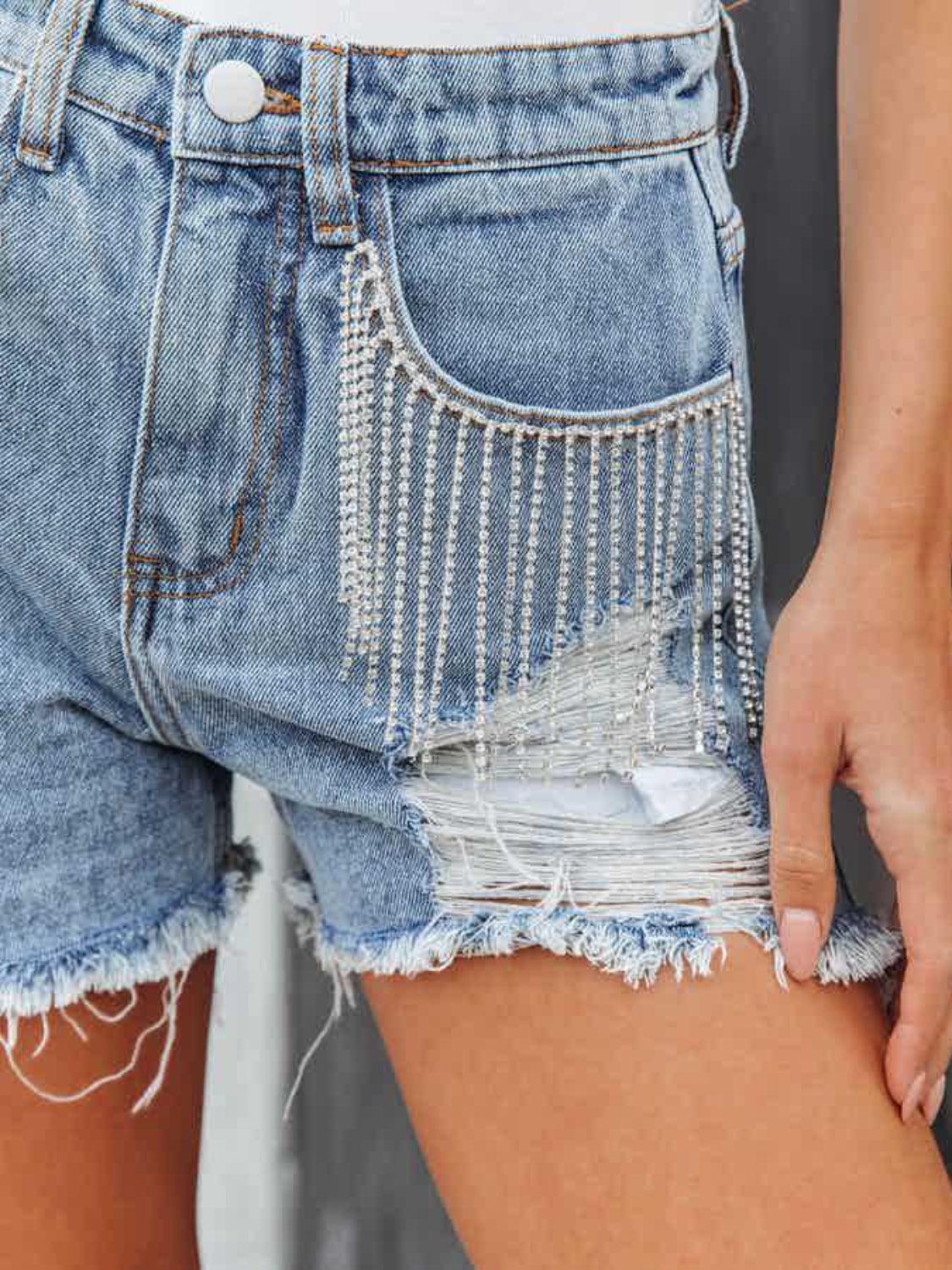 Distressed Fringe Denim Shorts with Pockets - ClubOn